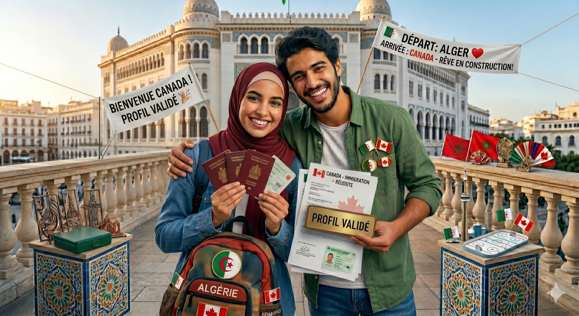 Couple algérien célébrant la validation de leur profil devant la Grande Poste d'Alger · Dépôt de dossier réussi vers le Canada · SOS Hub Canada