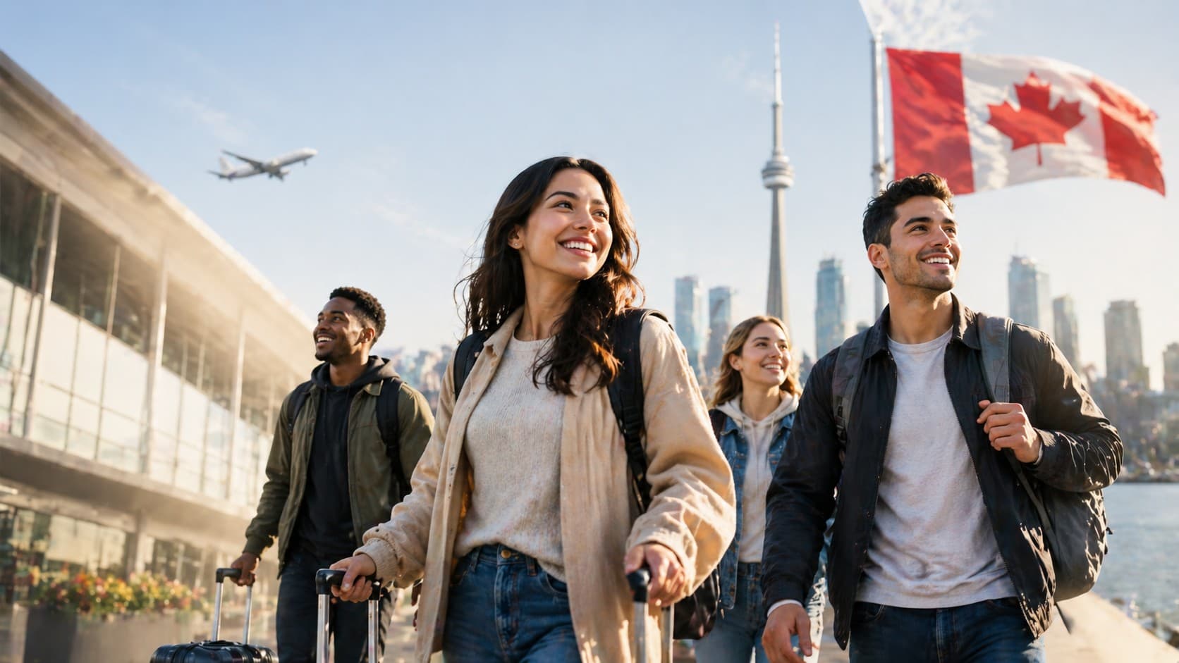Nouveaux arrivants à Toronto avec le drapeau canadien